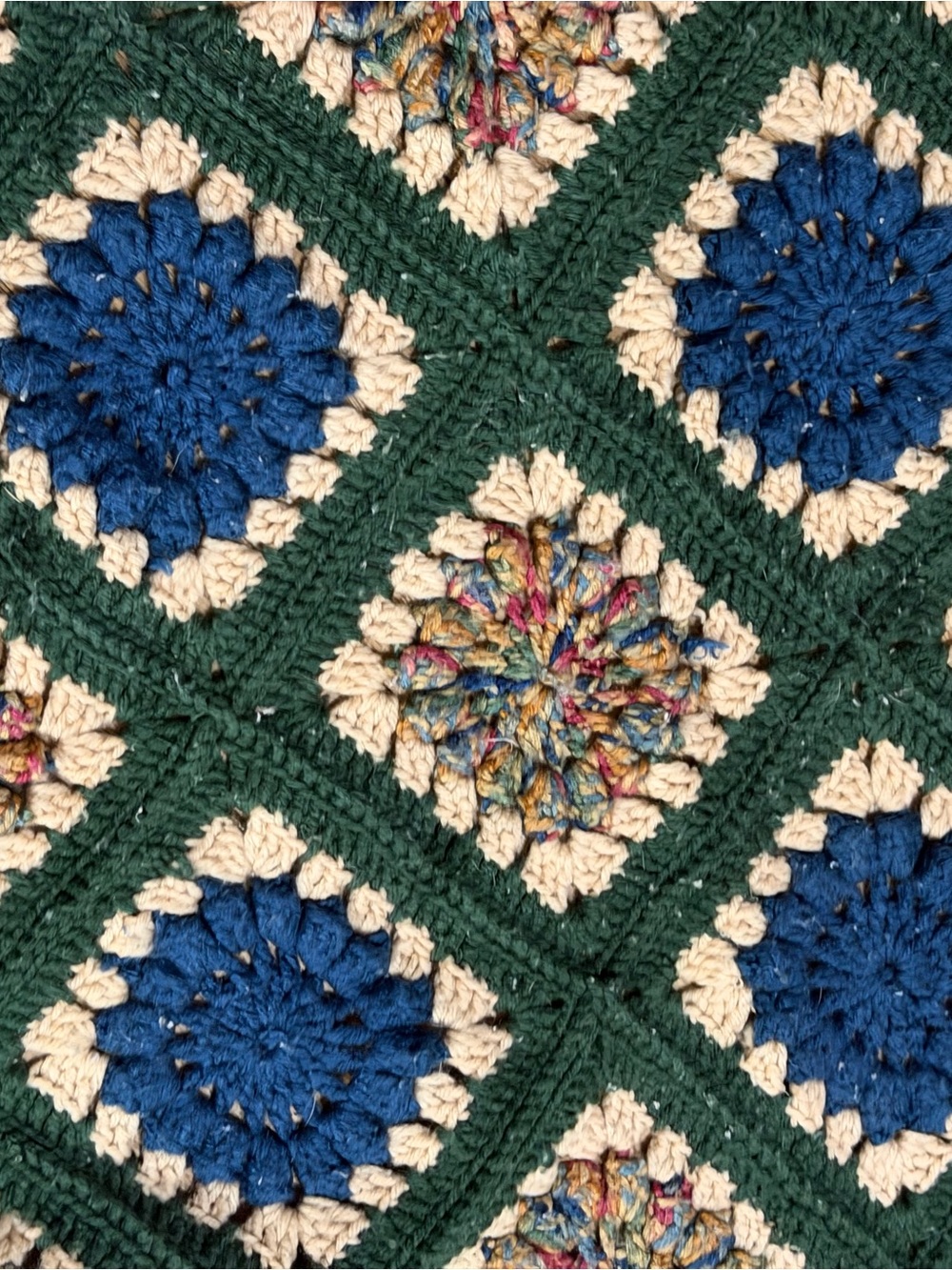 Handmade Crochet Throw Blanket — Green, Blue & Cream
